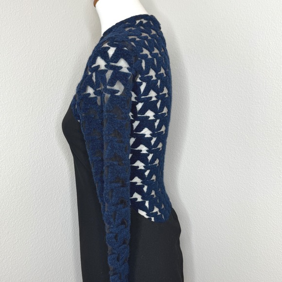 UKE. Bodycon Dress Sz 6 Made in Spain Lace Mesh Top Ponte Knit Bottom Navy Black - Picture 4 of 11